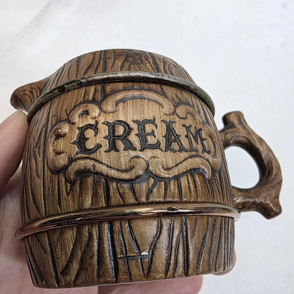 Vintage Treasure Craft‎ Cream And Sugar Set Barrel 1957 MCM Rustic Ceramic